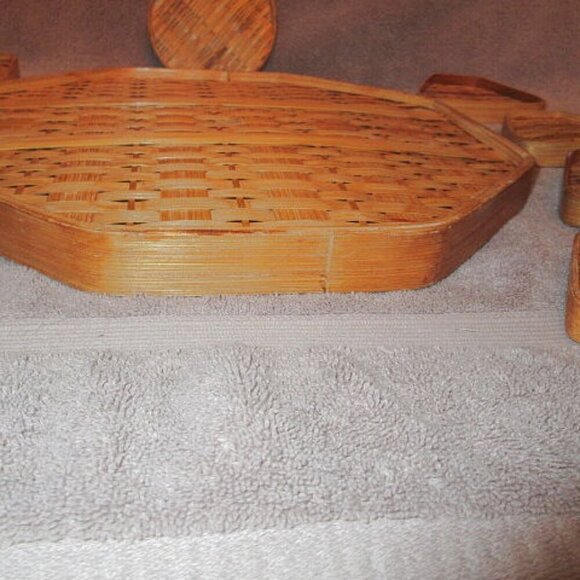 Vtg 70s Bamboo Wicker Serving Tray & Coasters 11 Piece Set Cocktails Party MCM - Picture 6 of 6